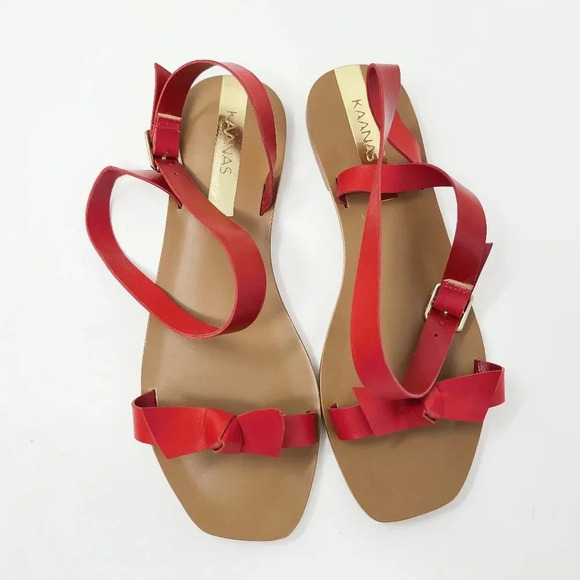 New Kaanas Red Leather Leblon Ankle Wrap Bow Sandals 6 - Picture 3 of 8